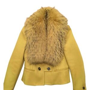Roberto Cavalli Mustard Yellow Pea Coat with Real Fur Shawl Collar